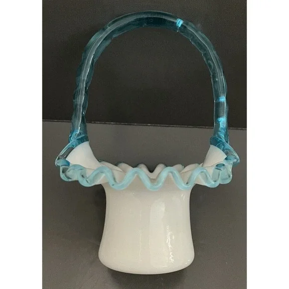Fenton Basket Aqua Blue Crest Milk Glass‎ Ruffle Edge Bamboo Handle Top Hat VTG - Picture 9 of 13
